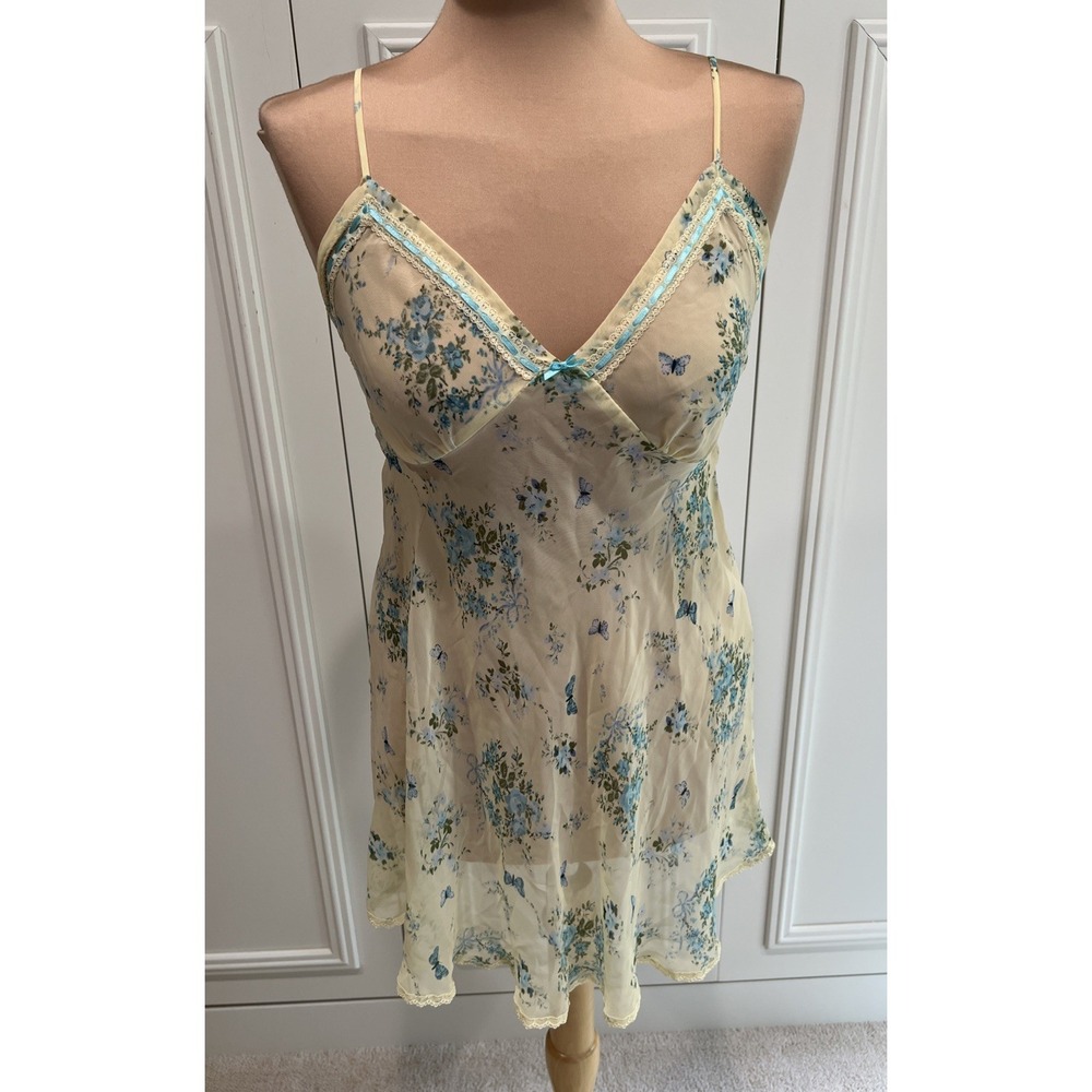 Yellow & Blue Floral Butterfly Babydoll Slip Top Size Small Sheer Back Tie Fairy